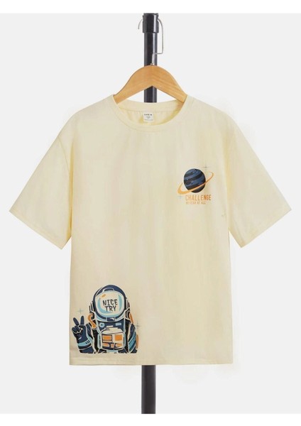 Blacksokak Kids Erkek Çocuk Bej Astronot Baskılı Tişört