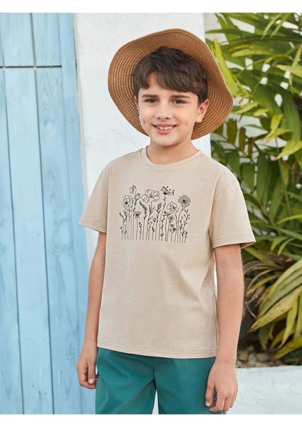 Blacksokak Kids Erkek Çocuk Bej Floral Baskılı Tişört