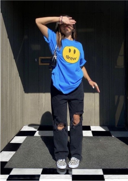 Kadın Saks Mavi Drew Sarı Gülücük Baskılı Oversize Tshirt