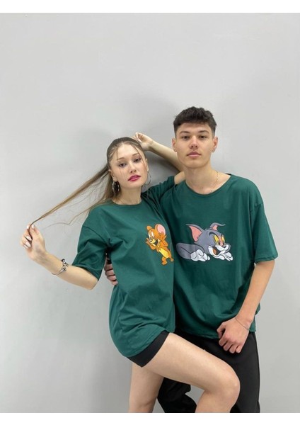 Blacksokak Unisex Tshirt Yeşil Tom ve Jerry Baskılı Sevgili Çift Kombini 2 'li Set