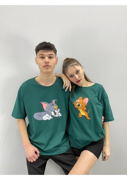 Blacksokak Unisex Tshirt Yeşil Tom ve Jerry Baskılı Sevgili Çift Kombini 2 'li Set fiyatları