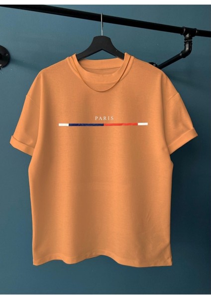 Erkek Papaya Göğüs Ince Çizgili Paris Baskılı Oversize Bisiklet Yaka Tişört