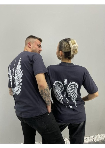Blacksokak Unisex Tshirt Antrasit Melek Kanadı Baskılı Sevgili Çift Kombini 2 'li Set