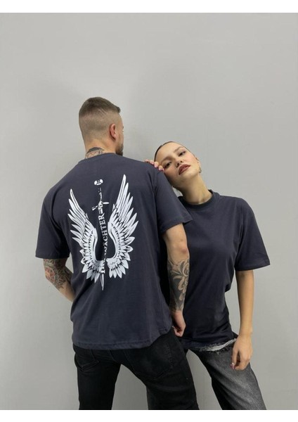 Blacksokak Unisex Tshirt Antrasit Melek Kanadı Baskılı Sevgili Çift Kombini 2 'li Set modelleri