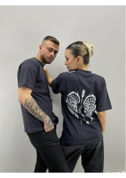 Blacksokak Unisex Tshirt Antrasit Melek Kanadı Baskılı Sevgili Çift Kombini 2 'li Set fırsatları