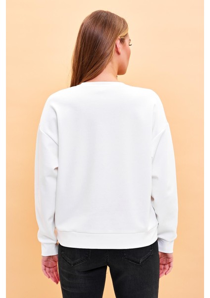 Kadın Rhona Fildişi Bisiklet Yaka Pamuklu Sweatshirt fırsatları