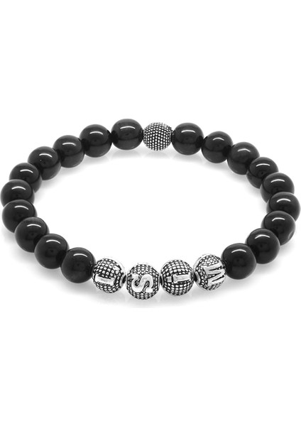 Gri Kaplangözü Metal Kombinli Kişiye Özel Isim Yazılı Küre Kesim Doğaltaş Bileklik