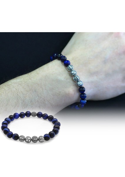 Mavi Kaplangözü Metal Kombinli Kişiye Özel Isim Yazılı Küre Kesim Doğaltaş Bileklik fiyatları