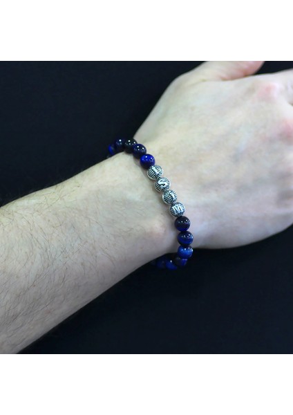 Mavi Kaplangözü Metal Kombinli Kişiye Özel Isim Yazılı Küre Kesim Doğaltaş Bileklik modelleri