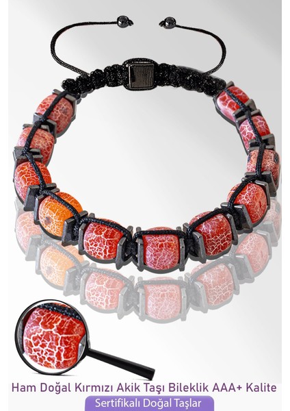 Sertifikalı Küp Model Doğal Ham Kırmızı Akik Taşı Bileklik - Ayarlamalı