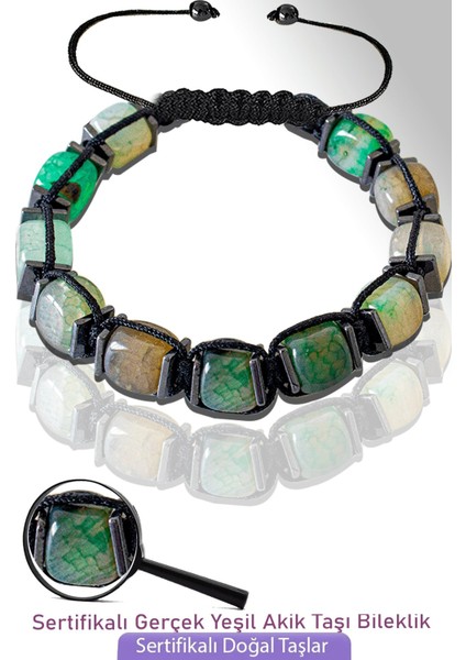 Sertifikalı Küp Model Doğal Yeşil Akik Taşı Bileklik - Ayarlamalı
