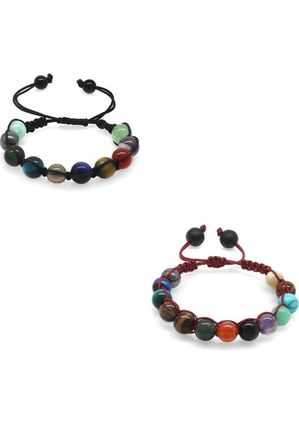 Makrome Örgülü Küre Kesim Multicolor Doğaltaş Kombinli Çocuk-Genç Başarı 2'li Set Bileklik