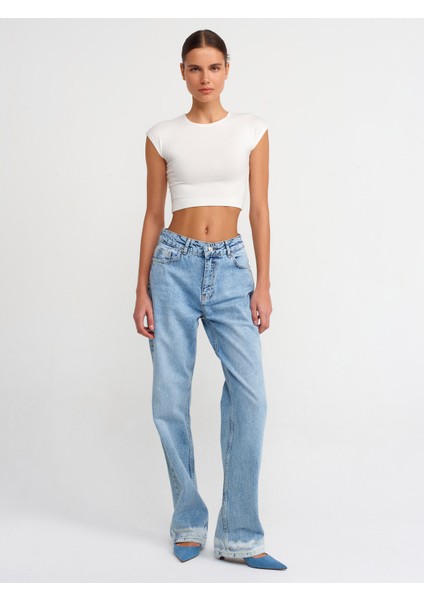 71428 Paça Ucu Beyazlatılmış Denim Pantolon-Mavi