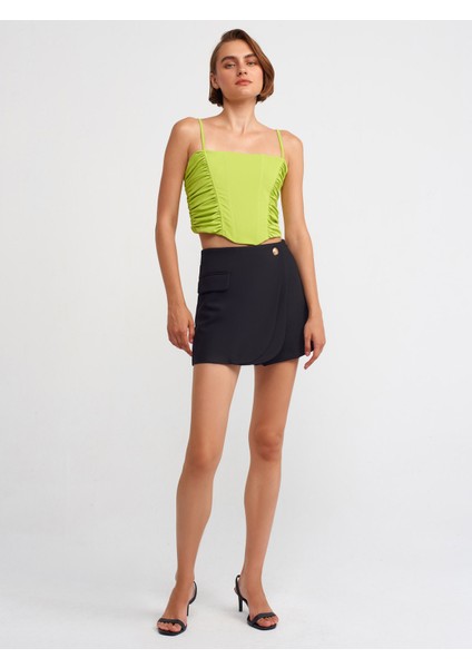 20129 Büzgülü Detaylı Askılı Crop Top-Lime