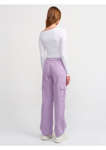 70869 Paçası Kaytanlı Kargo Denim Pantolon-Lila fiyatları