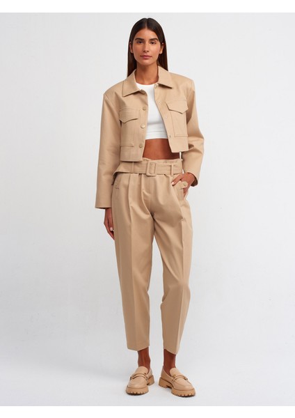 71227 Kemerli Paperbag Pantolon-Bej