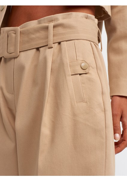 71227 Kemerli Paperbag Pantolon-Bej fırsatları