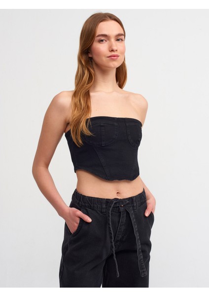 50712 Yanı Fermuarlı Denim Büstiyer-Siyah
