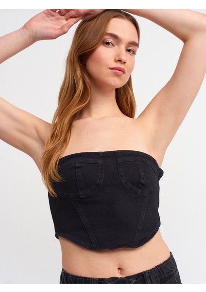 50712 Yanı Fermuarlı Denim Büstiyer-Siyah fırsatları