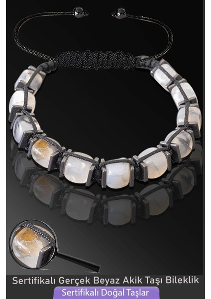 Sertifikalı Küp Model Doğal Beyaz Akik Taşı Bileklik - Ayarlamalı
