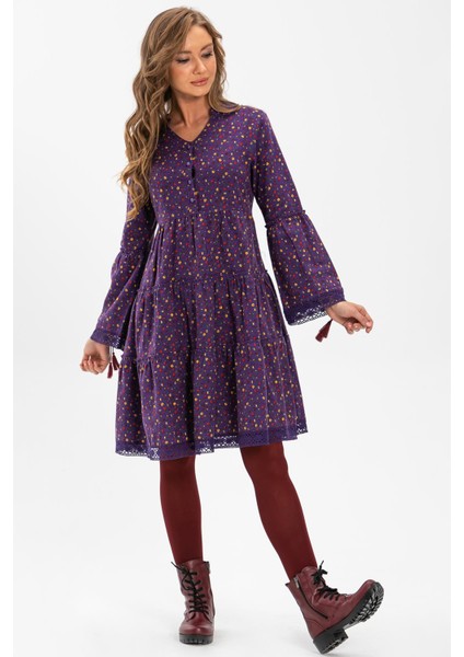Uzun Kol Seçil Pazen Kısa Sonbahar ve Kışlık Elbise Çıtır Desen Mor Mor