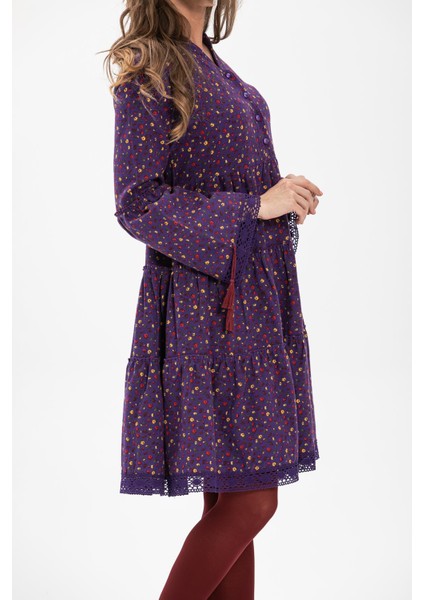 Uzun Kol Seçil Pazen Kısa Sonbahar ve Kışlık Elbise Çıtır Desen Mor Mor modelleri