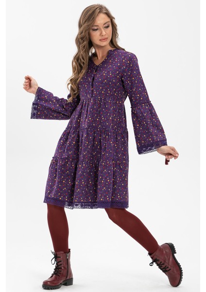 Uzun Kol Seçil Pazen Kısa Sonbahar ve Kışlık Elbise Çıtır Desen Mor Mor fırsatları