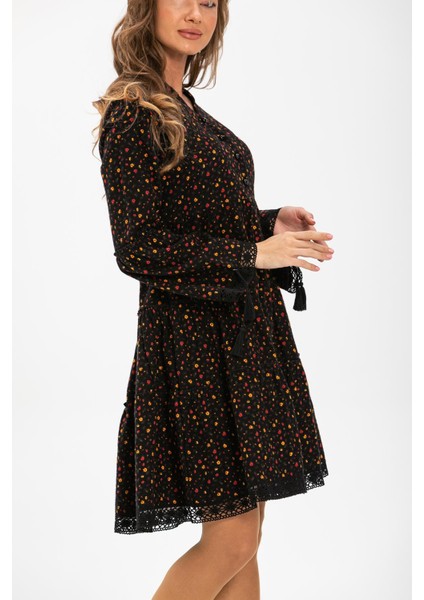 Uzun Kol Seçil Pazen Kısa Sonbahar ve Kışlık Elbise Çıtır Desen Siyah Syh modelleri