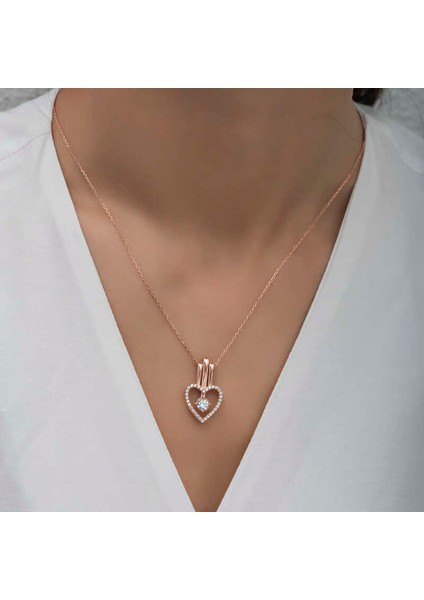 Gümüş Rose Kalpli Tek Taş Kadın Kolye fiyatları