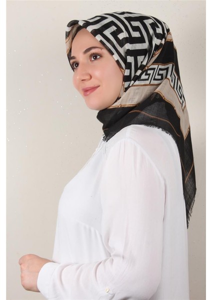 Pamuklu Trend Eşarp 9807-8 Siyah-Bej