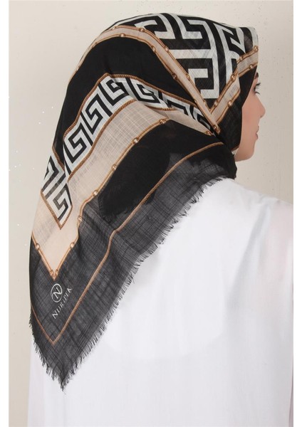 Pamuklu Trend Eşarp 9807-8 Siyah-Bej