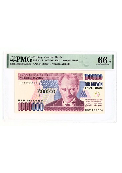 1 000 000 Türk Lirası Nd 2002 PICK#213 Pmg 66 Epq – Unc Sertifikalı Çil Banknot