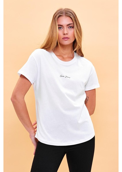 Kadın Mini Vena Logo Baskılı Beyaz Regular Fit T-Shirt