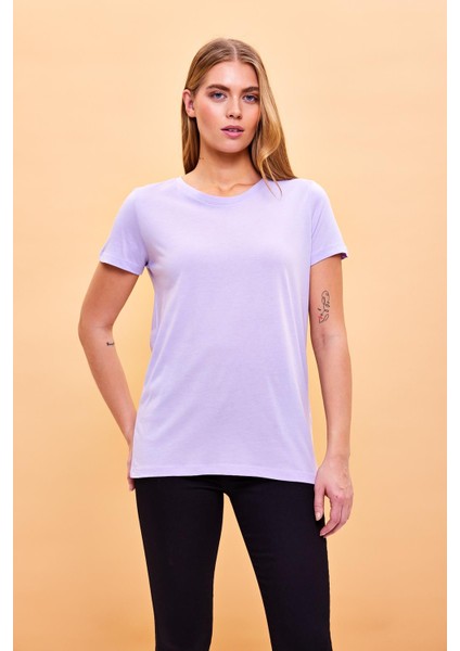 Kadın Boyfriend Lila Bisiklet Yaka Regular Fit Modal T-Shirt (Lyocell)