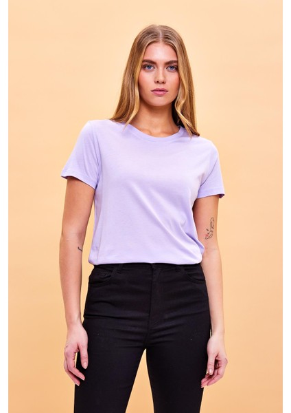 Kadın Boyfriend Lila Bisiklet Yaka Regular Fit Modal T-Shirt (Lyocell) modelleri