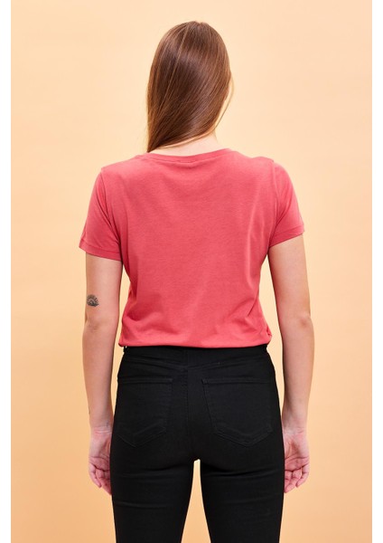 Kadın Boyfriend Terracotta Bisiklet Yaka Regular Fit Modal T-Shirt (Lyocell)