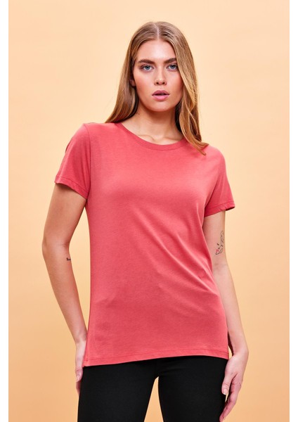 Kadın Boyfriend Terracotta Bisiklet Yaka Regular Fit Modal T-Shirt (Lyocell)