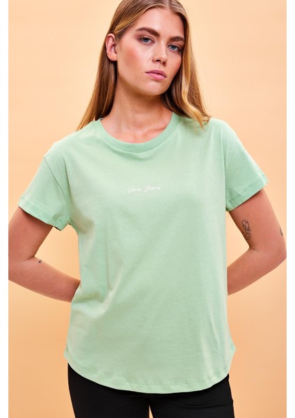 Kadın Mini Vena Logo Baskılı Çağla Regular Fit T-Shirt