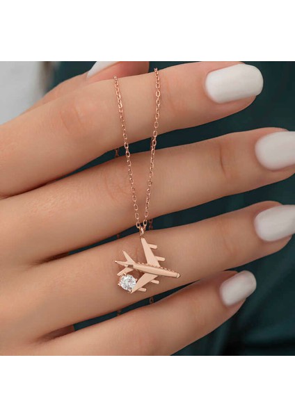 Gümüş Rose Tek Taşlı Uçak Kadın Kolye