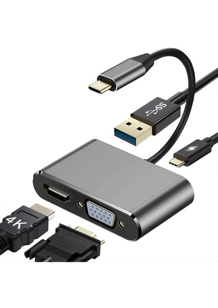 Type-C 4 In 1 4K Hdmı VGA USB 3.0 Type-C Şarj Girişli Adaptör
