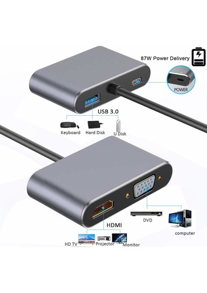 Type-C 4 In 1 4K Hdmı VGA USB 3.0 Type-C Şarj Girişli Adaptör