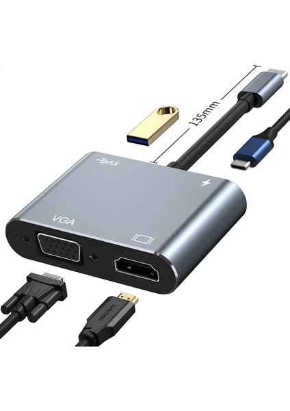 Type-C 4 In 1 4K Hdmı VGA USB 3.0 Type-C Şarj Girişli Adaptör