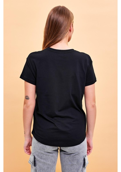 Kadın Mini Vena Logo Baskılı Siyah Regular Fit T-Shirt