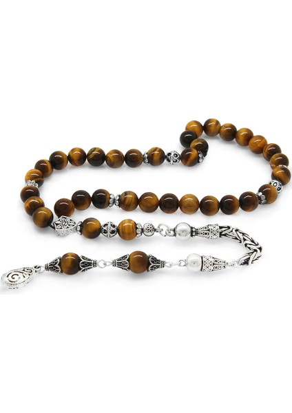 Koleksiyonluk 925 Ayar Gümüş Püsküllü Küre Kesim Kaplangözü Doğaltaş Tesbih