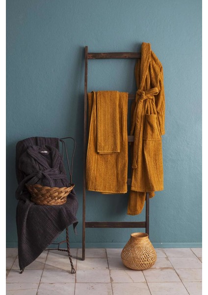 Timeless Antrasit-Safran %100 Pamuk 6 Parça Aile Bornoz Seti