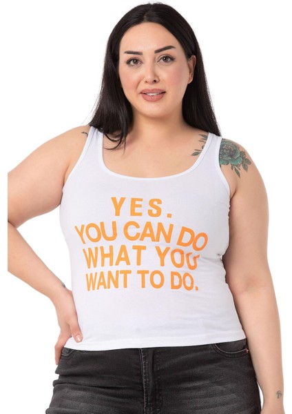 Büyük Askılı Yazılı Beyaz Turuncu T-Shirt