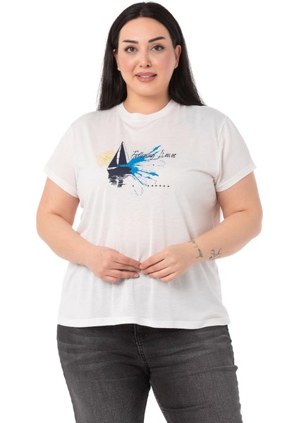 Büyük Yelken Baskılı Bisiklet Yaka Beyaz T-Shirt