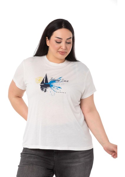 Büyük Yelken Baskılı Bisiklet Yaka Beyaz T-Shirt fırsatları