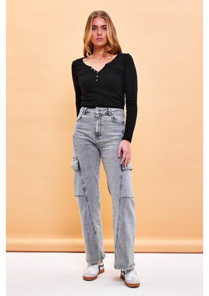 Kadın Wanda Kargo Cepli Wide Leg Grey Jean Pantolon