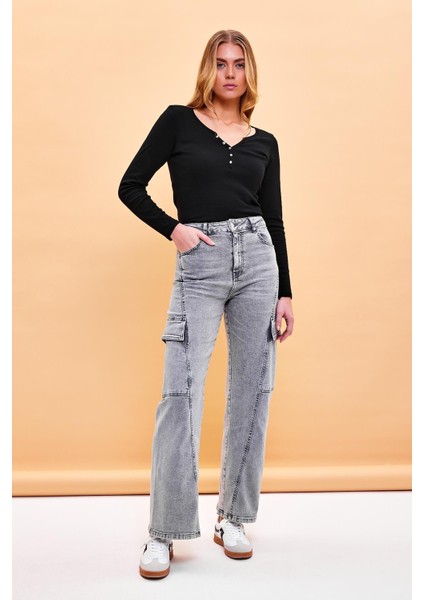 Kadın Wanda Kargo Cepli Wide Leg Grey Jean Pantolon